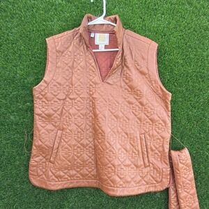 Emily McCarthy Vegan Leather Vest Brown Quilted Pattern V Neck Womens Medium
